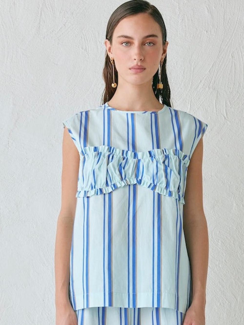 VRG GRL— Striped Ruffle Cap-Sleeve Top in Light Blue